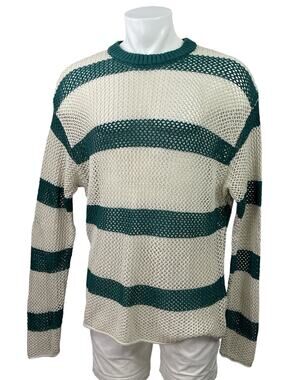 Urban Outfitters Mateo White Green Striped Crew Neck Crochet Knit Sweater Top L